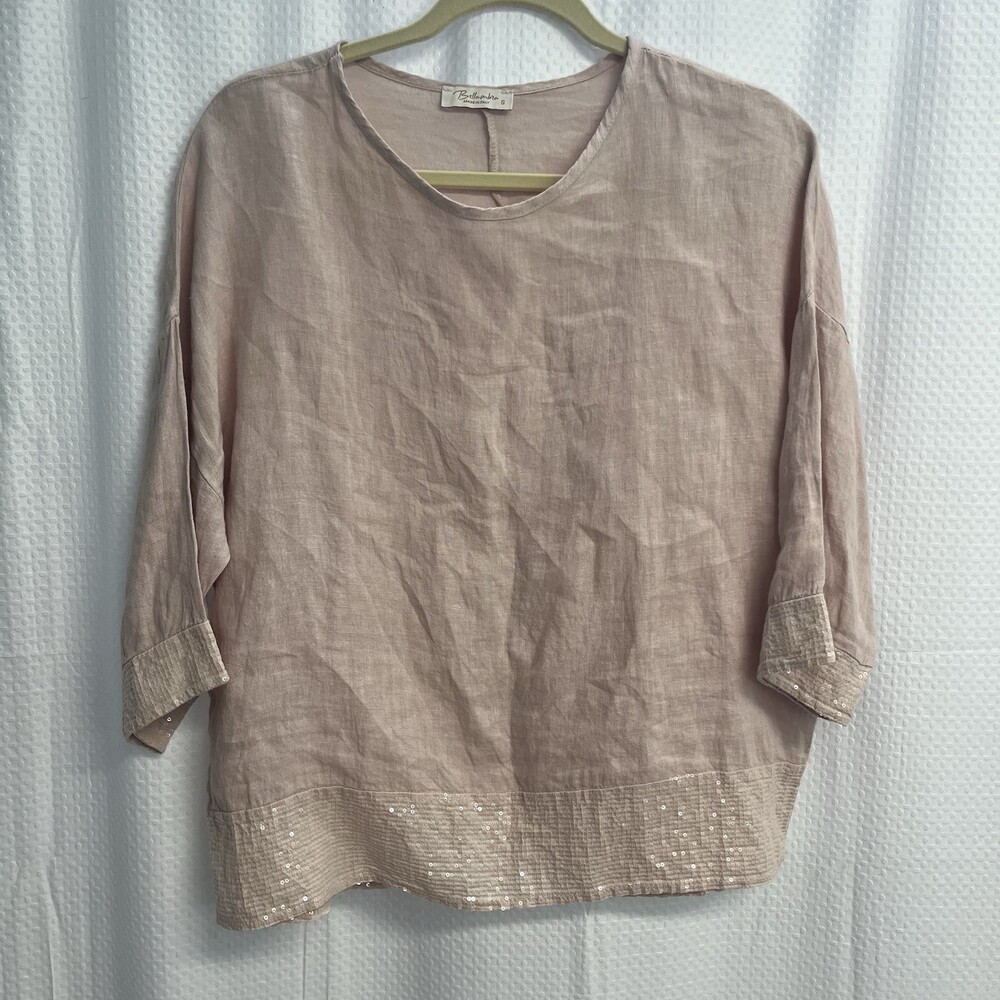 Bellambra 100%‎ Linen Pale Pink Lagenlook Sequin Trim Top Small Minimalist